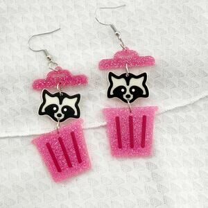 Funky Raccoon Trash Can Earrings: Glitter Acrylic, Quirky Jewelry